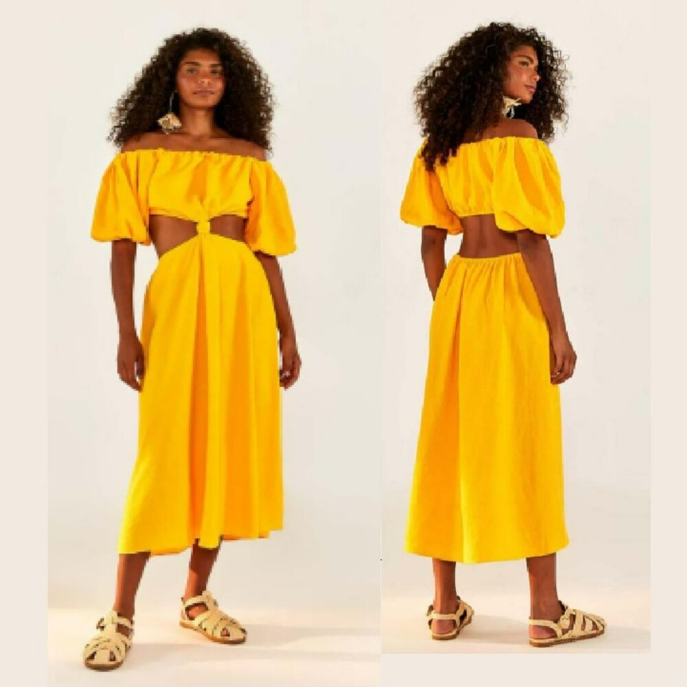 Farm Rio Yellow Off The Shoulder Knotted Cut Out Maxi Dress Sz M - Picture 4 of 14